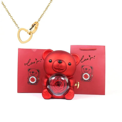 Eternal Rose Teddy Bear Gifts Box with Necklace Rotate Rose Jewelry Box Valentine Wedding Storage Gift Case for Women Girlfriend