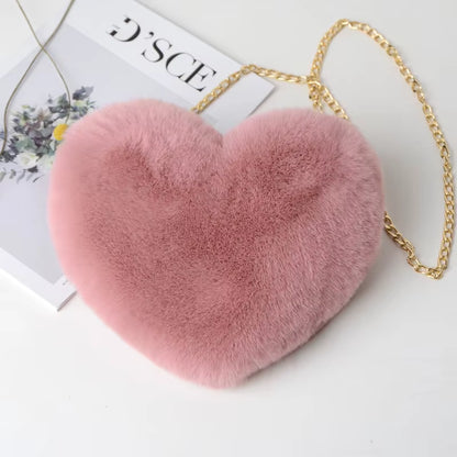 Fashion Women'S Heart Shaped Handbags Cute Faux Fur Crossbody Bags Lady Soft Plush Chain Shoulder Bag Shopper Totes