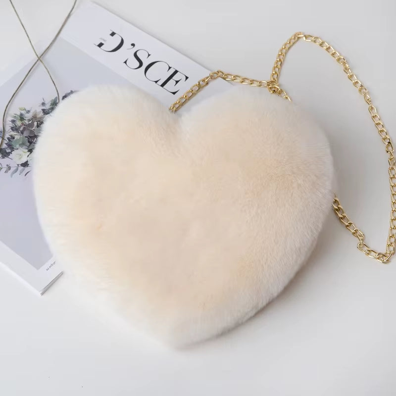 Fashion Women'S Heart Shaped Handbags Cute Faux Fur Crossbody Bags Lady Soft Plush Chain Shoulder Bag Shopper Totes