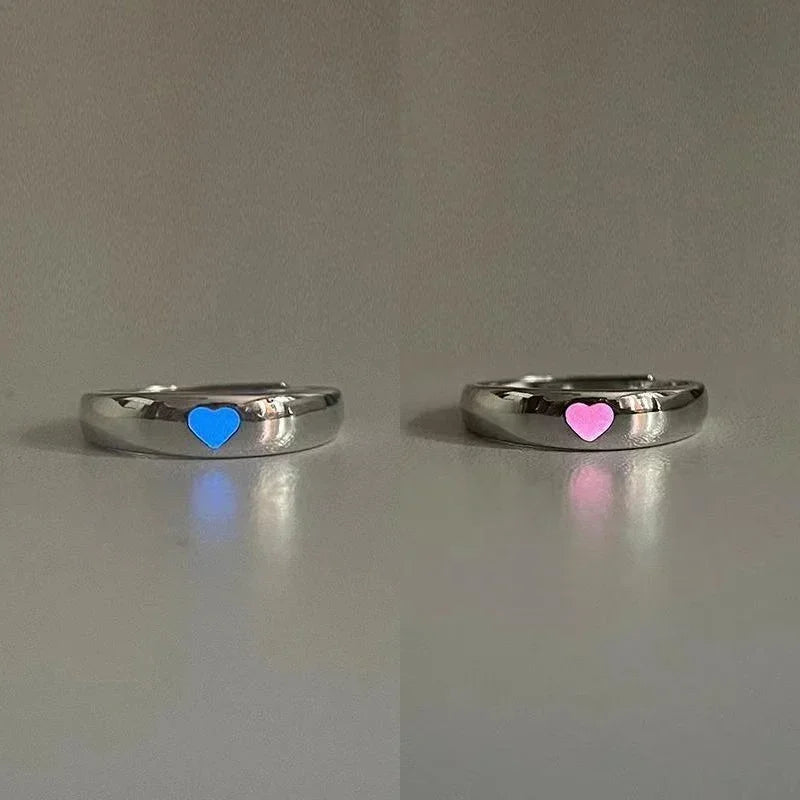 1/2PCS Luminous Love Heart Ring Glow in Dark Fashion Adjustable Couple Rings Silver Color Pink Blue Light Jewelry Gift for Lover