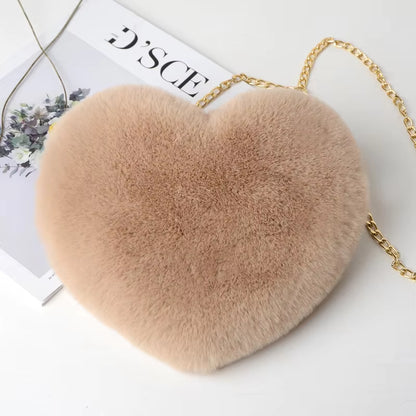 Fashion Women'S Heart Shaped Handbags Cute Faux Fur Crossbody Bags Lady Soft Plush Chain Shoulder Bag Shopper Totes