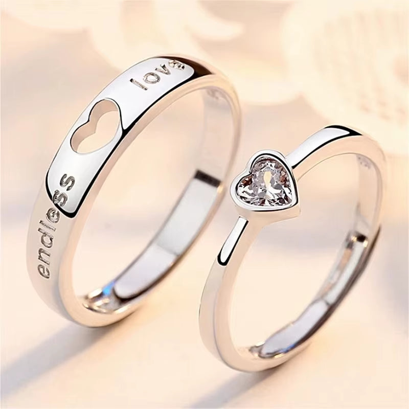 2Pcs/Sets Zircon Heart Matching Couple Rings Set Forever Endless Love Wedding Ring for Women Men Charm Jewelry